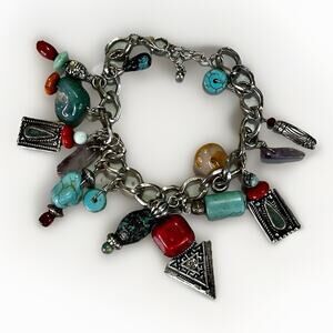 Vintage Chunky Charm Bracelet with Mixed Gemstones & Silver-Tone Accents - 8.5”